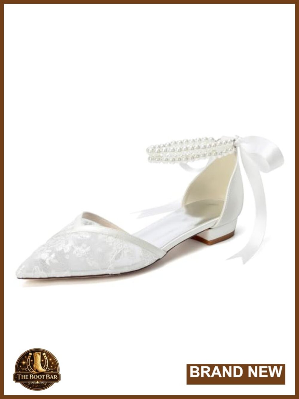Lace Wedding Flats for Bride Pearl Ankle Strap Pointed Toe Bridal Shoes